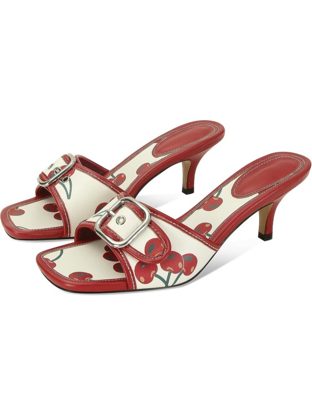 Women's Cherry Red Leather Square-Toe Buckle Accent Kitten Stiletto Heel Sandal